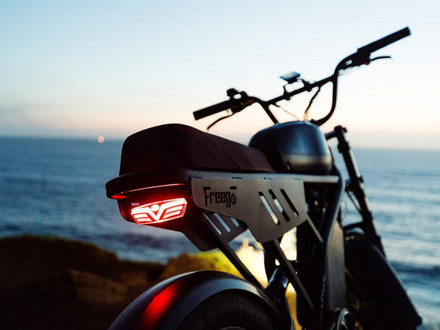 Motorcycle with 'Freego' branding on a sunset beach background. Freego Flash F3 Pro Max Dual Motor and Battery eBike
