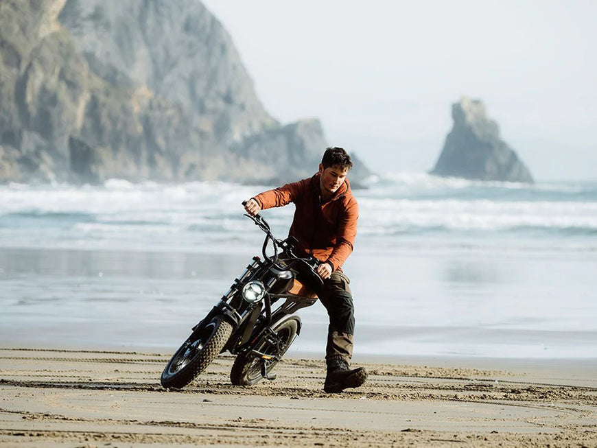 Person on a beach with a motorcycle, mountains in the background. Freego Flash F3 Pro Max Dual Motor and Battery eBike