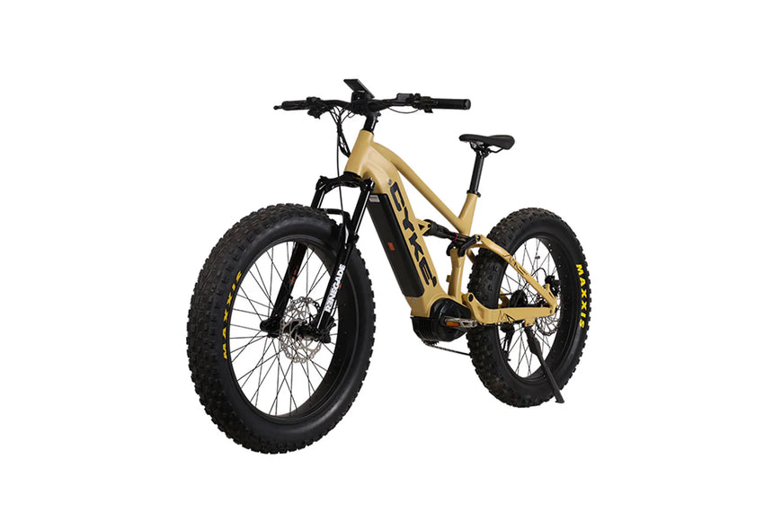 Beige electric bike on a white background. CYKE Falcon X Full Suspension EBike