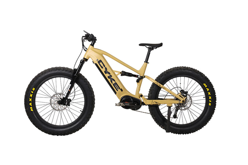 Yellow electric bike with black tires on a white background. CYKE Falcon X Full Suspension EBike