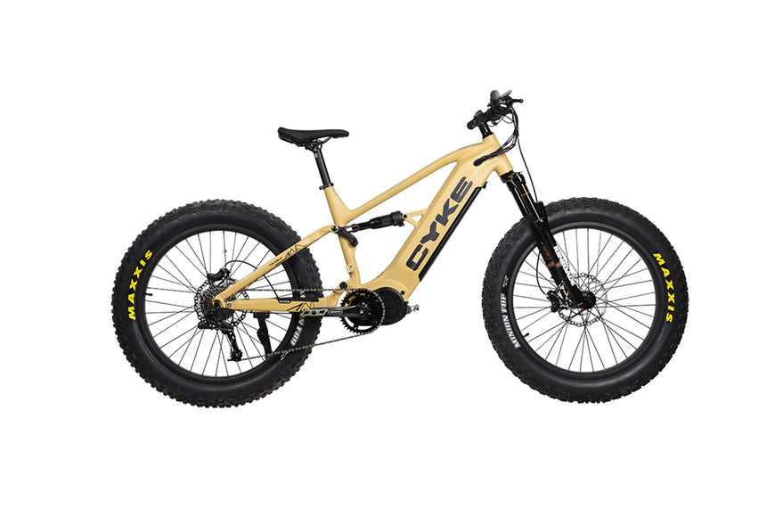 Yellow electric bike on a white background. CYKE Falcon X Full Suspension EBike