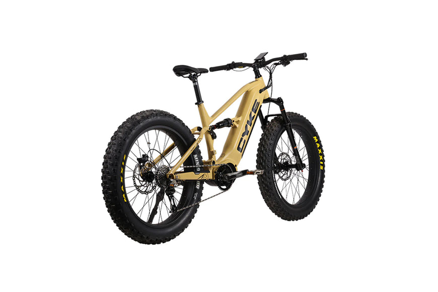 Beige electric bike with black components on a white background. CYKE Falcon X Full Suspension EBike