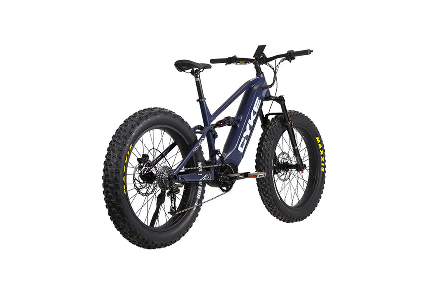 Blue electric bike on a white background. CYKE Falcon X Full Suspension EBike