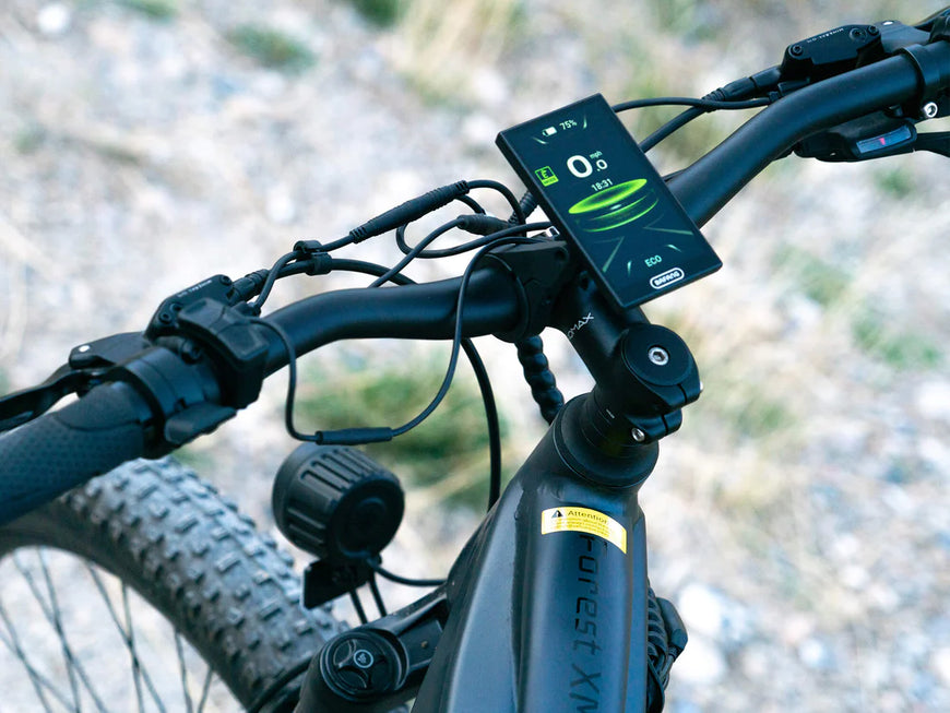 Bicycle handlebar with a digital display on a blurred natural background. Valowave Forest XM MTB