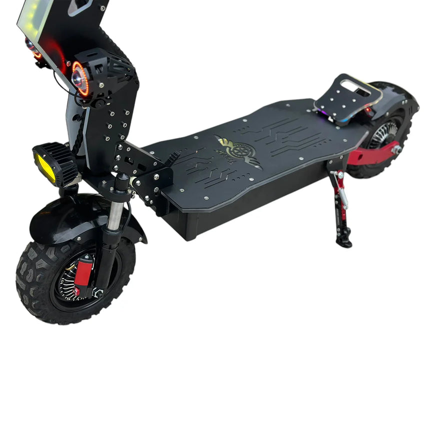 Black electric scooter with large wheels on a white background. Freego D11 Landtiger Electric Scooter Foldable Dual Motor 4000W