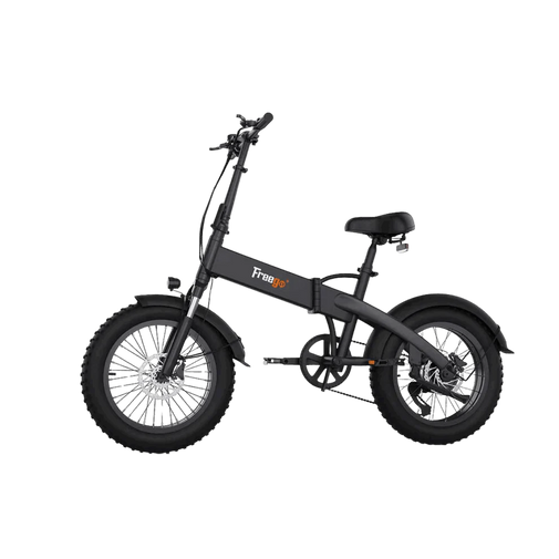 Black electric bike with 'Freego' branding on a white background. Freego eFlex Raptor E1 Shimano 7-Speed Foldable Fat Tire City Electric Bike