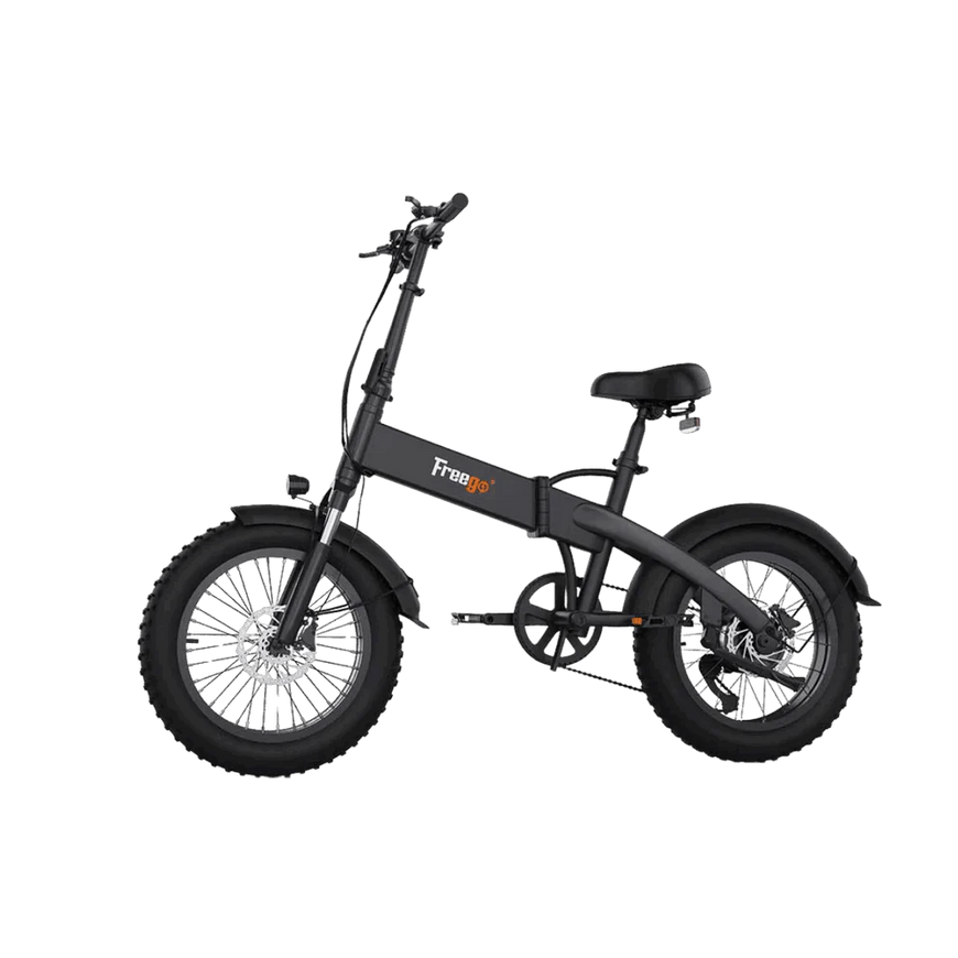 Black electric bike with 'Freego' branding on a white background. Freego eFlex Raptor E1 Shimano 7-Speed Foldable Fat Tire City Electric Bike