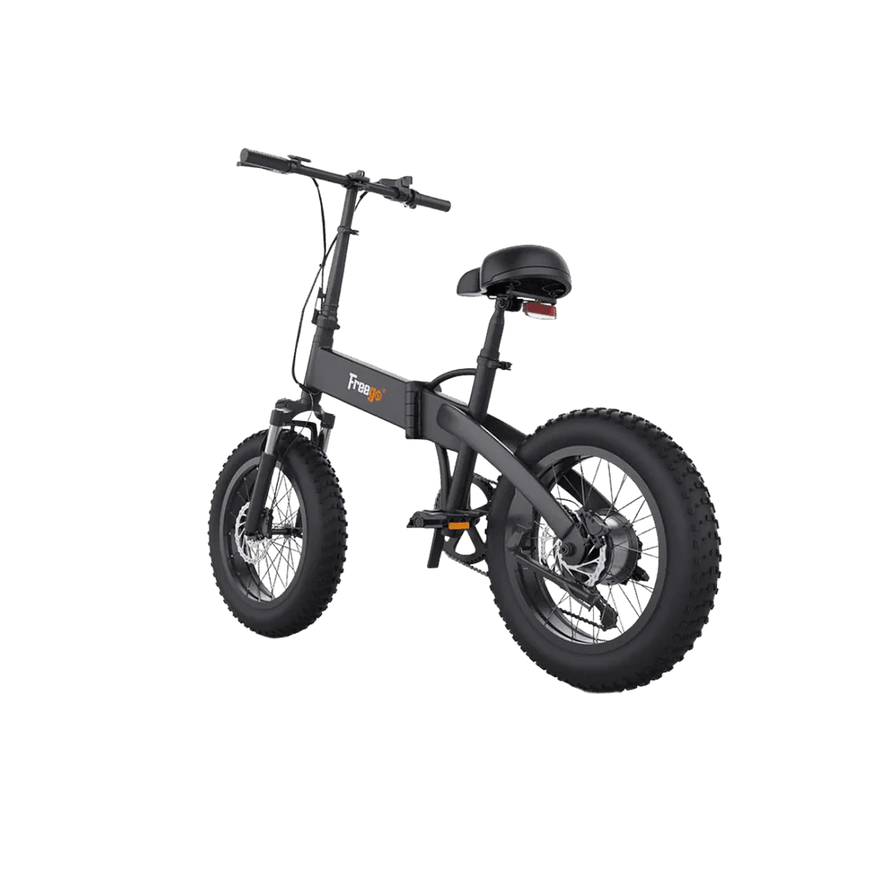 Black electric bike on a white background. Freego eFlex Raptor E1 Shimano 7-Speed Foldable Fat Tire City Electric Bike