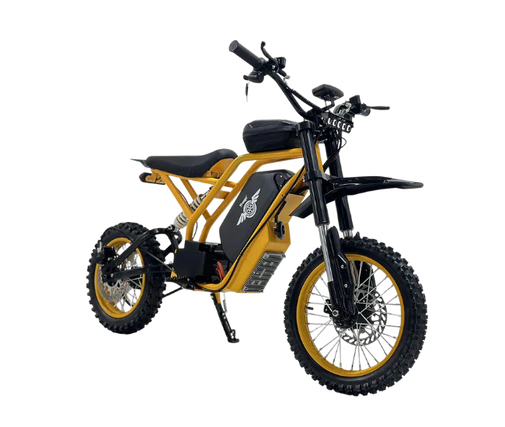 Yellow and black electric bike on a white background. Freego Nova 2 Mid-Drive Youth Electric Dirt Bike