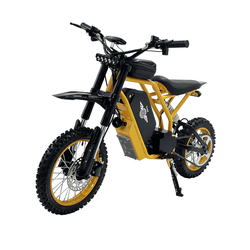 Yellow and black electric bike on a white background. Freego Nova 2 Mid-Drive Youth Electric Dirt Bike