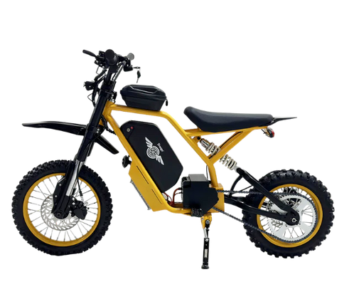 Yellow electric bike with black accents on a white background. Freego Nova 2 Mid-Drive Youth Electric Dirt Bike