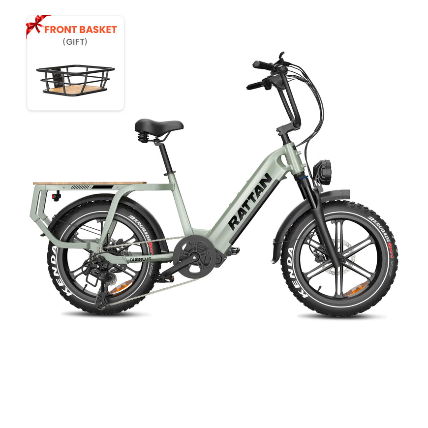 Electric bike with front basket gift on a white background. Rattan Quercus Long Range Utility Ebike