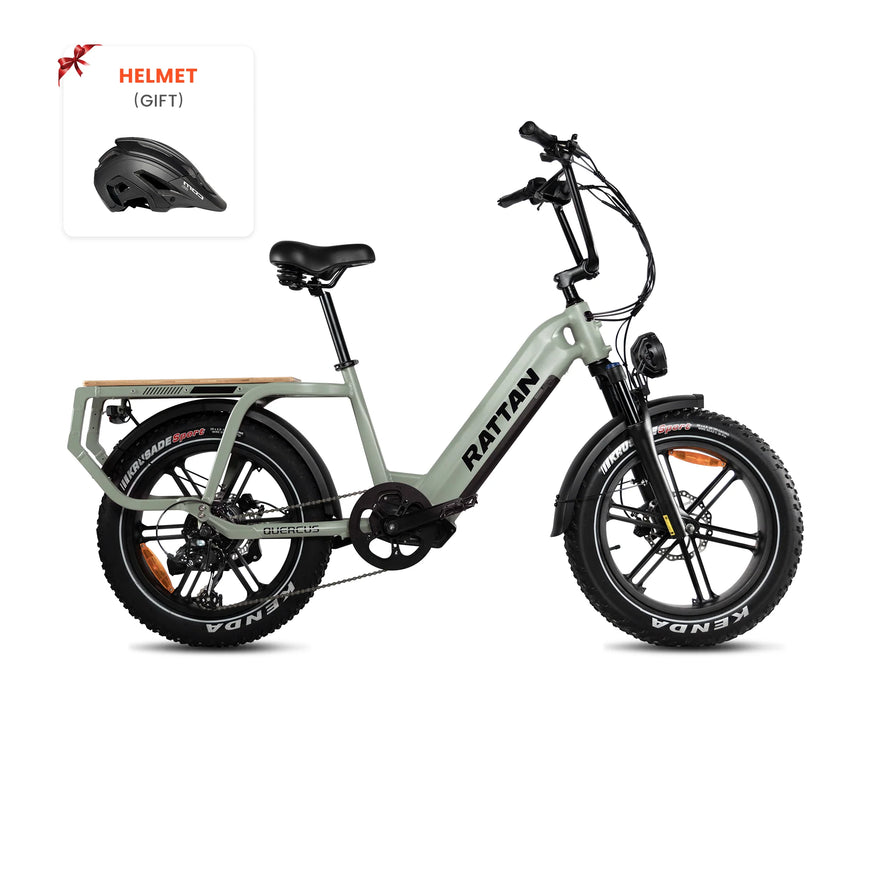 Electric bike with 'Rattan' branding on a white background, helmet gift included. Rattan Quercus Long Range Utility Ebike
