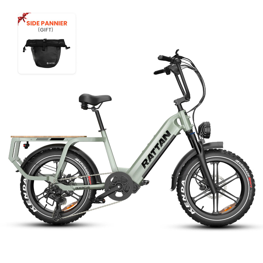 Electric bike with 'Rattan' branding on a white background. Rattan Quercus Long Range Utility Ebike