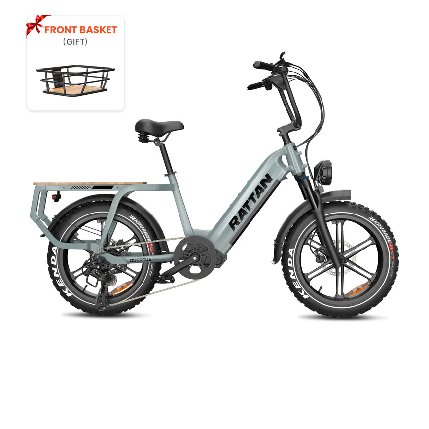 Gray electric bike with front basket on a white background. Rattan Quercus Long Range Utility Ebike