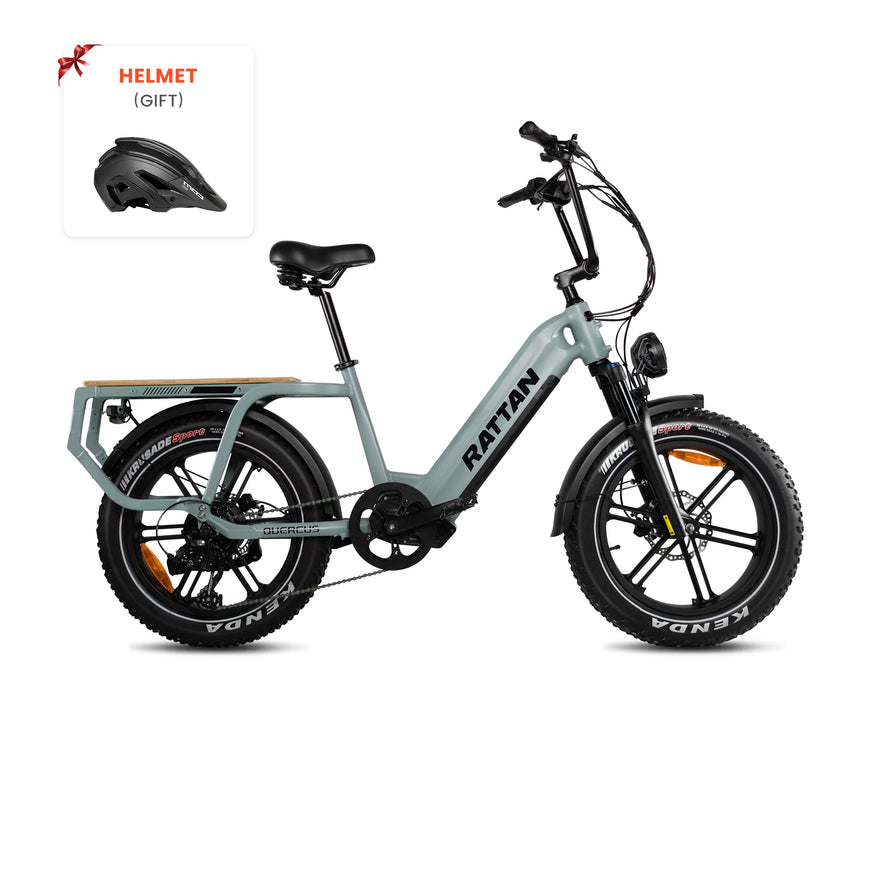 Electric bike with 'Rattan' branding on a white background, helmet gift icon shown. Rattan Quercus Long Range Utility Ebike