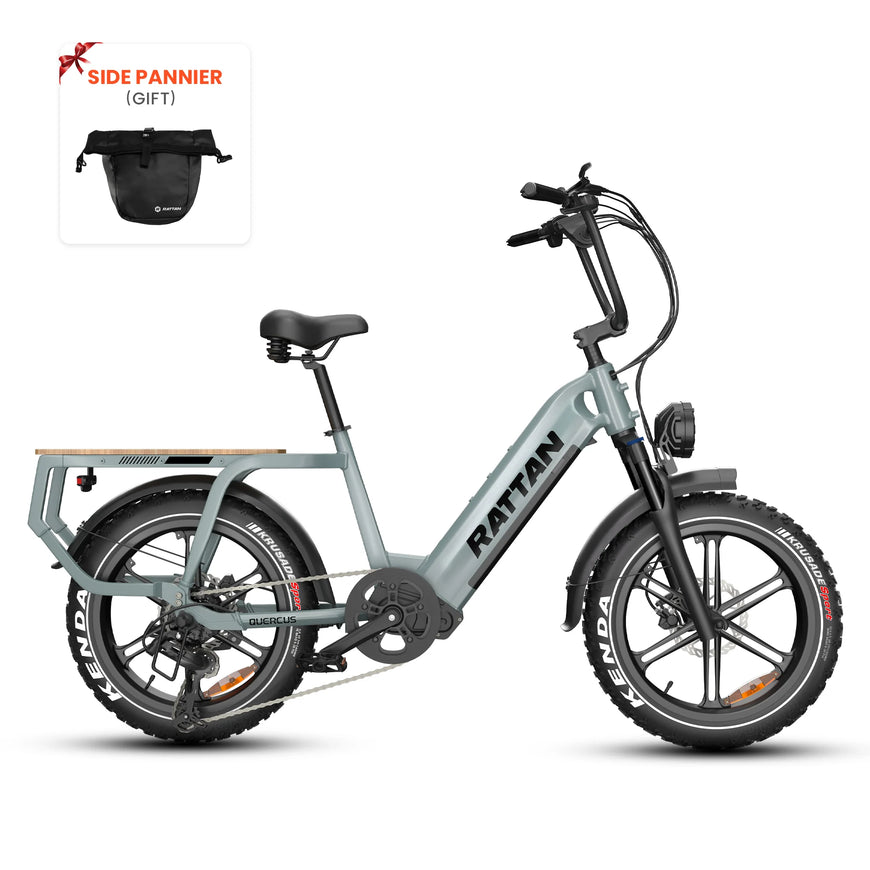 Gray electric bike with 'Rattan' branding on a white background. Rattan Quercus Long Range Utility Ebike