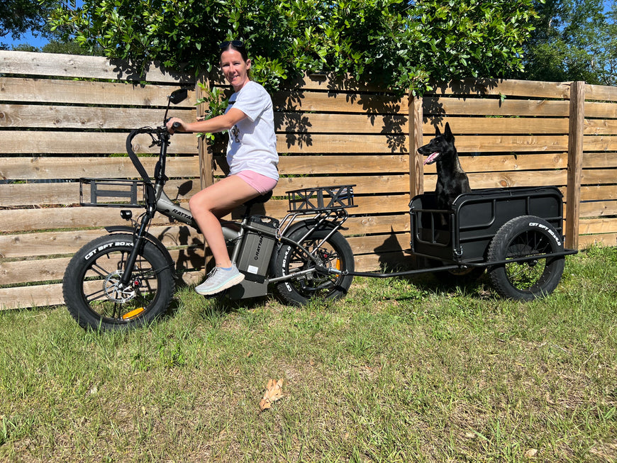 Person riding a bike with a trailer attached, featuring a dog inside, against a wooden fence background. Rattan LM Ultra Folding ebike