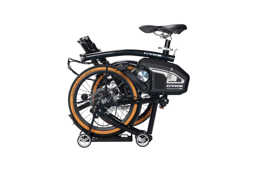 Foldable electric bike with a black frame and orange wheels on a white background. CYKE Kingfisher Mid-Drive Folding eBike