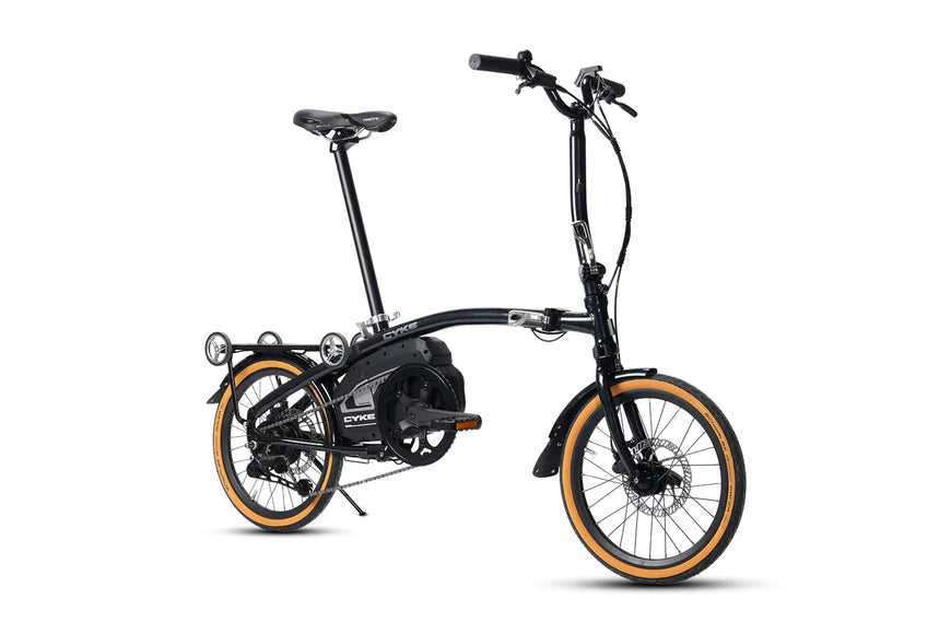 Black electric bike with orange wheels on a white background. CYKE Kingfisher Mid-Drive Folding eBike