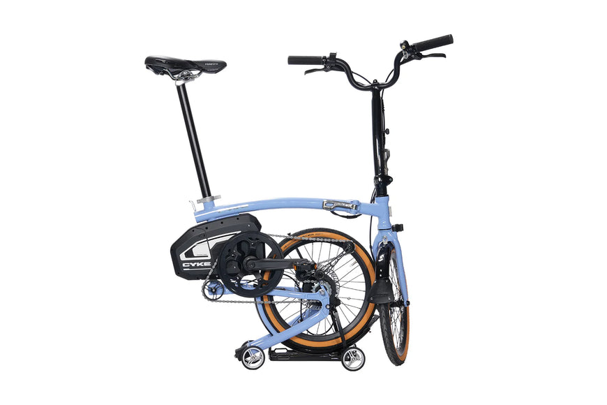 Foldable bicycle on a white background. CYKE Kingfisher Mid-Drive Folding eBike