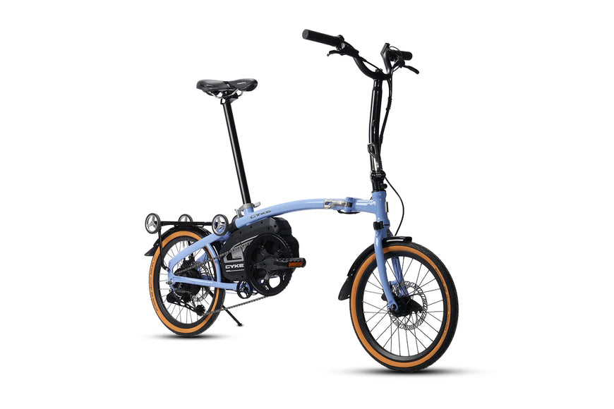 Blue folding bicycle on a white background. CYKE Kingfisher Mid-Drive Folding eBike