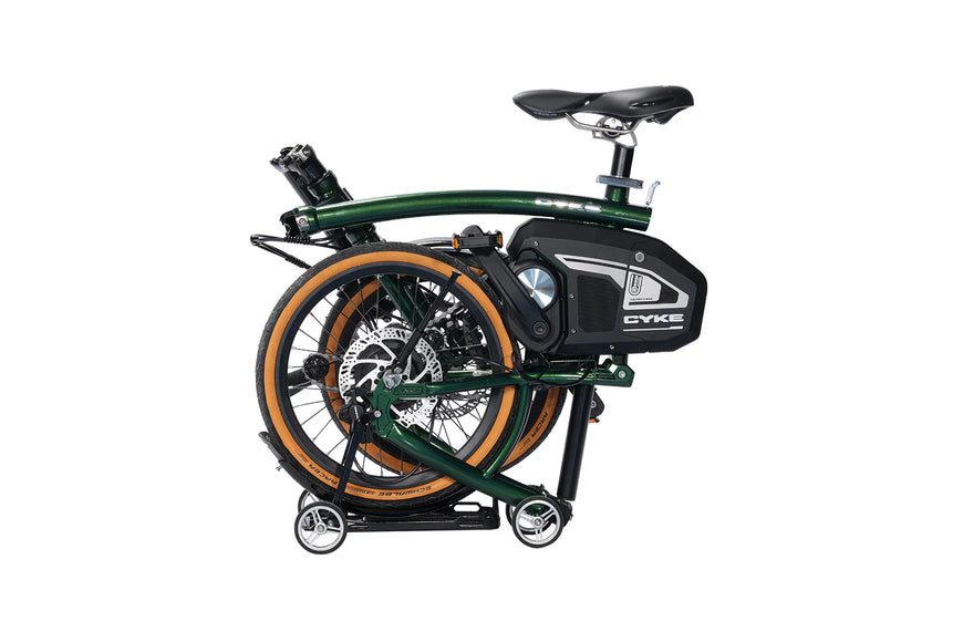 Foldable electric bike with a black frame and green accents on a white background. CYKE Kingfisher Mid-Drive Folding eBike