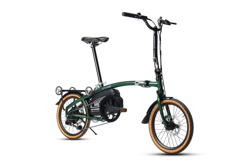 Green and black electric bike on a white background. CYKE Kingfisher Mid-Drive Folding eBike