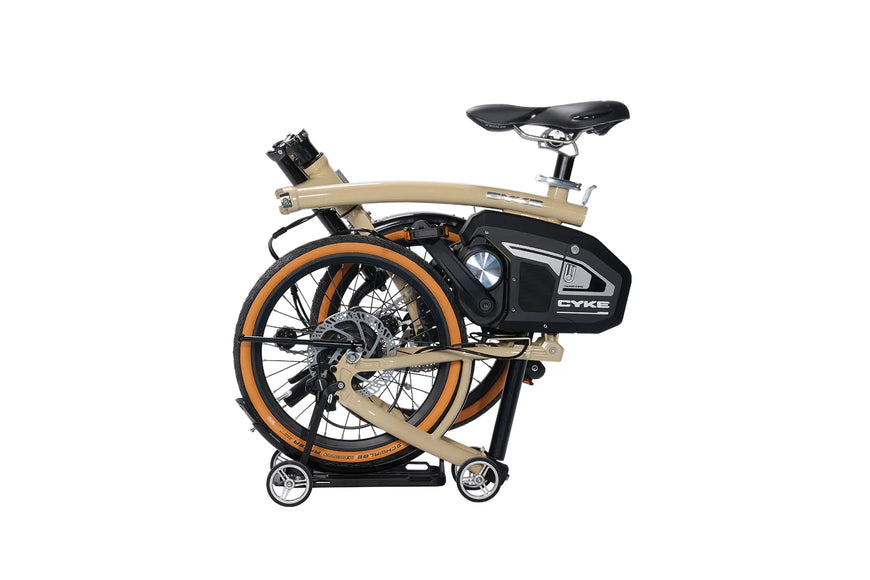 Foldable electric bike with visible brand logo on a white background. CYKE Kingfisher Mid-Drive Folding eBike