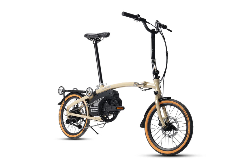 Foldable electric bike on a white background. CYKE Kingfisher Mid-Drive Folding eBike