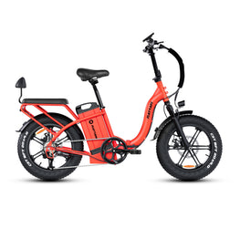 Red electric bike with black seat and tires on a white background. Rattan LF Ultra Folding ebike