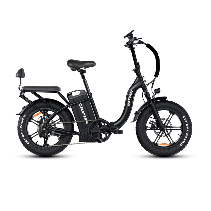 Black electric bike with visible branding on a white background. Rattan LF Ultra Folding ebike