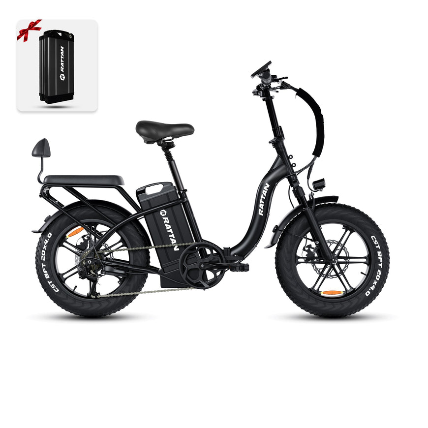 Black electric bike with a battery pack on a white background. Rattan LF Ultra Folding ebike