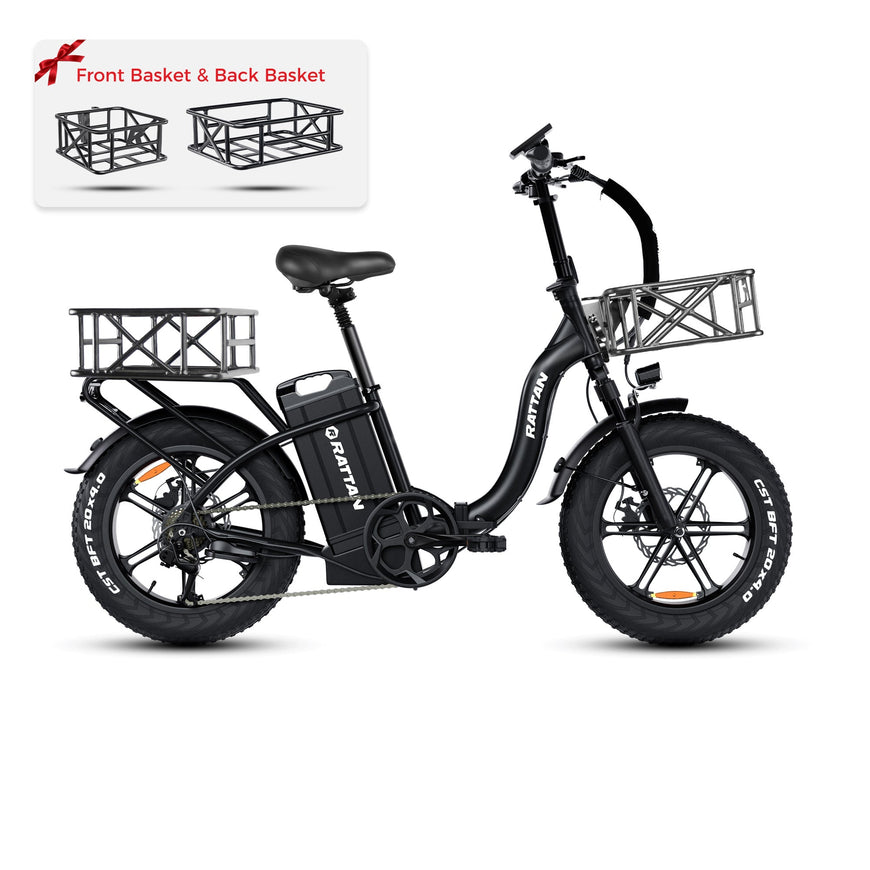 Black electric bike with front and back baskets on a white background. Rattan LF Ultra Folding ebike