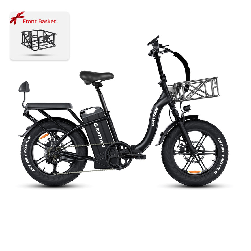 Black electric bike with front basket attachment on a white background. Rattan LF Ultra Folding ebike