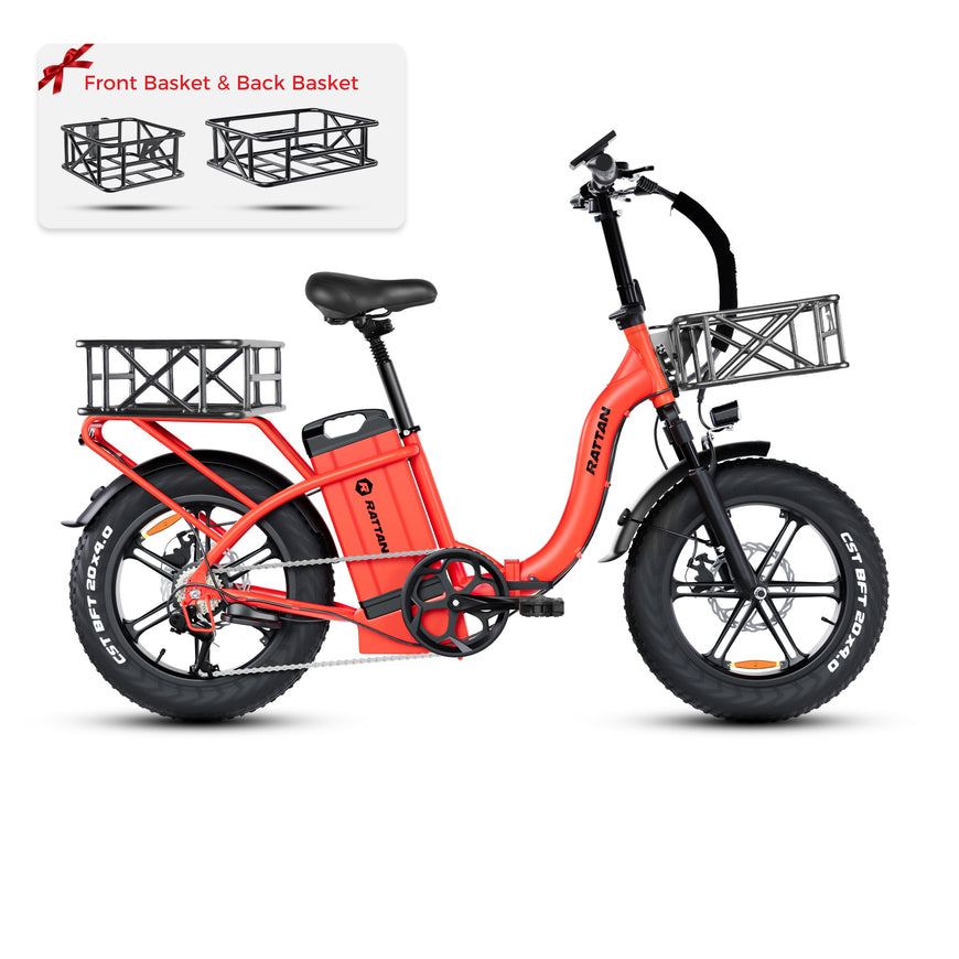 Orange electric bike with front and back baskets on a white background. Rattan LF Ultra Folding ebike