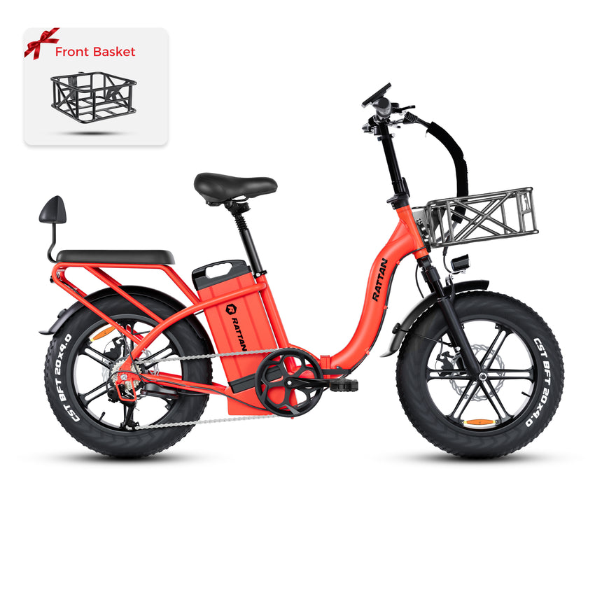 Orange electric bike with front basket attachment on a white background. Rattan LF Ultra Folding ebike