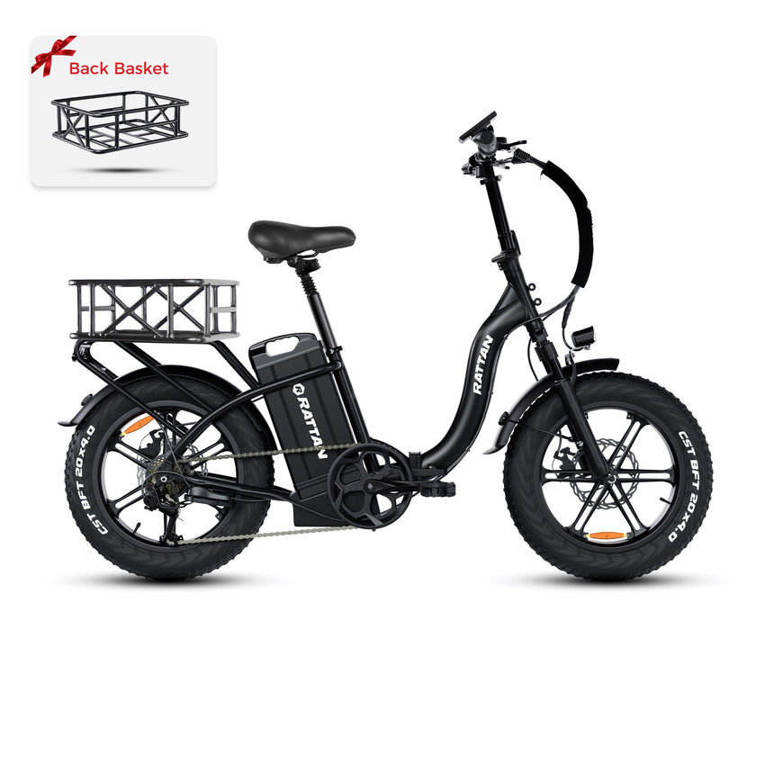Black electric bike with a back basket attachment on a white background. Rattan LF Ultra Folding ebike