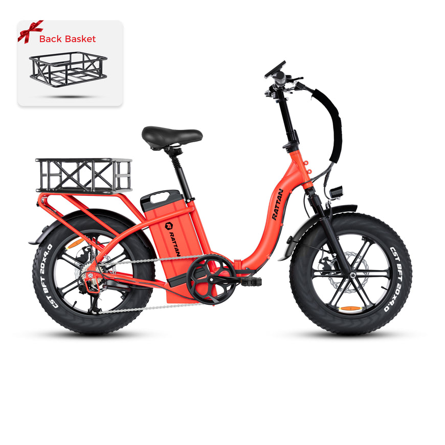 Orange electric bike with a back basket attachment on a white background. Rattan LF Ultra Folding ebike