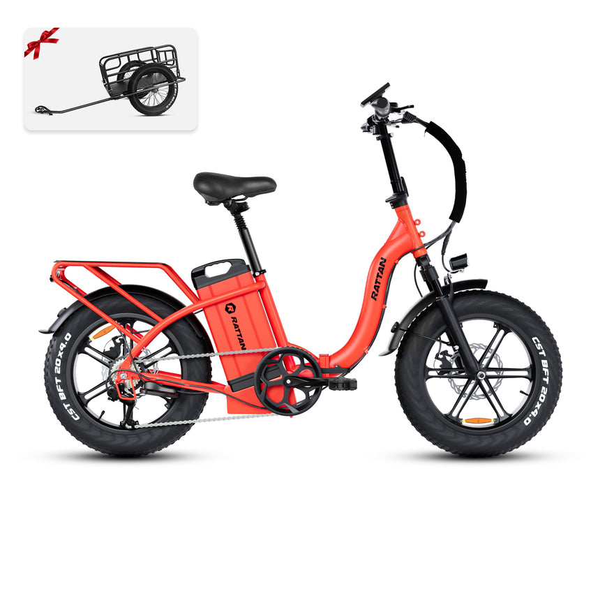 Orange electric bike with a small trailer attachment on a white background. Rattan LF Ultra Folding ebike