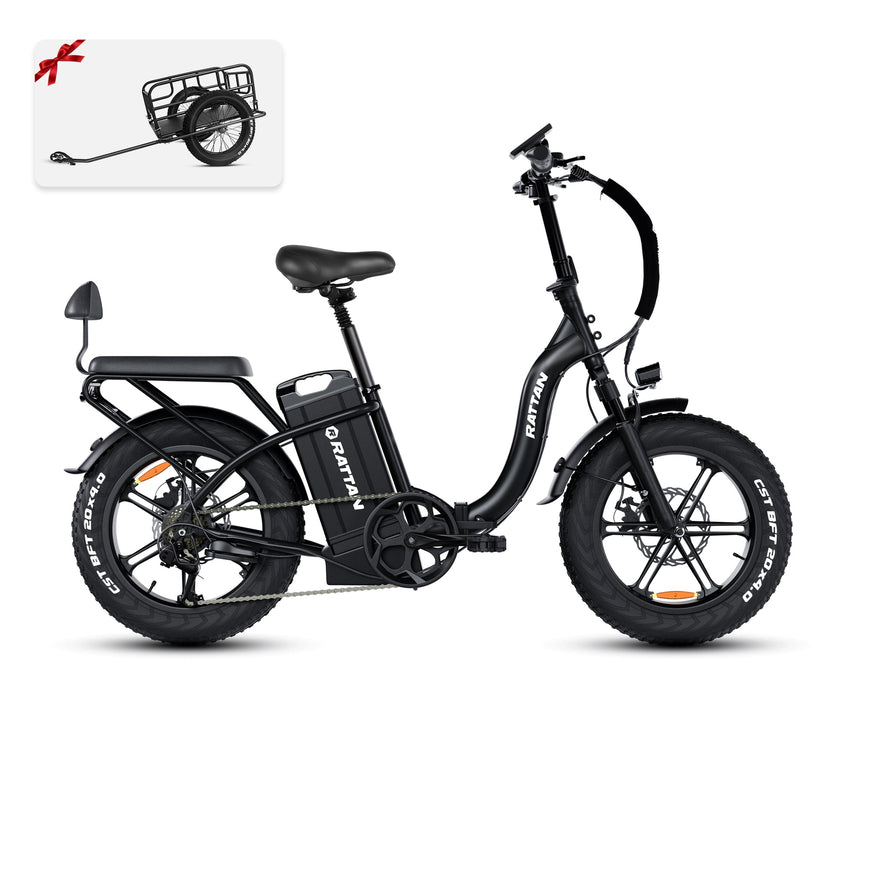 Black electric bike with a small trailer attachment on a white background. Rattan LF Ultra Folding ebike