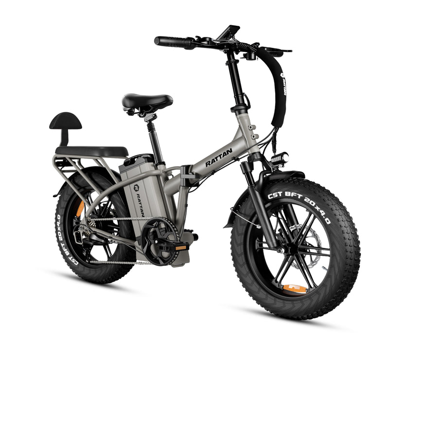 Gray electric bike with black seat on a white background. Rattan LM Ultra Folding ebike