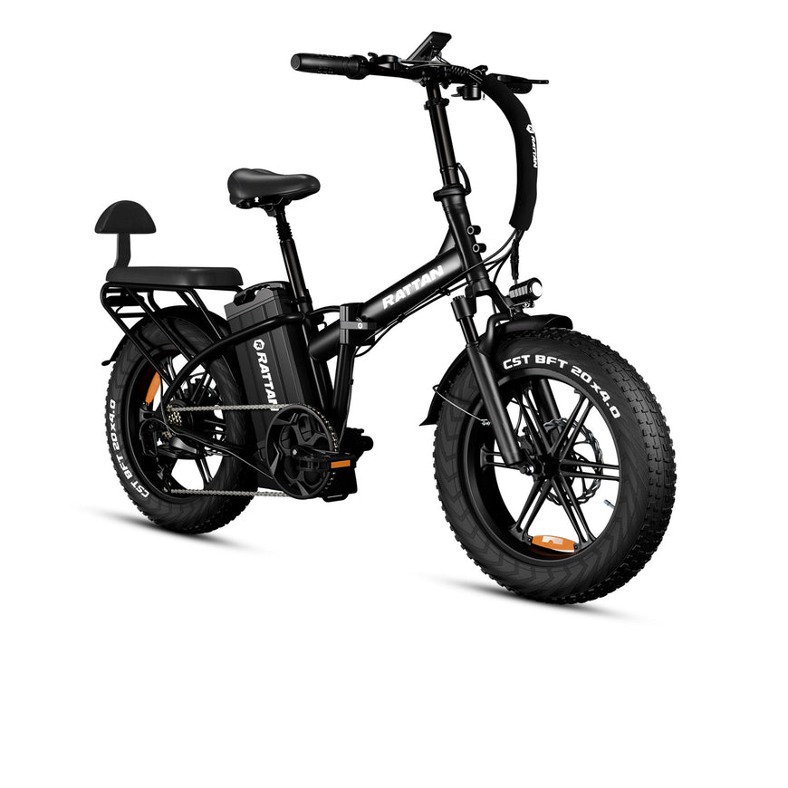 Black electric bike on a white background. Rattan LM Ultra Folding ebike
