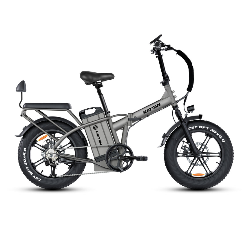 Gray electric bike with 'Rattan' branding on a white background. Rattan LM Ultra Folding ebike