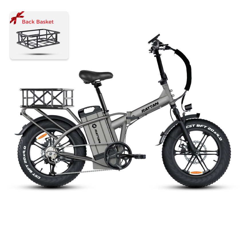 Gray electric bike with a back basket attachment on a white background. Rattan LM Ultra Folding ebike