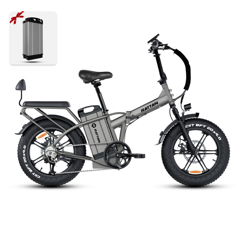 Gray electric bike with a battery pack on a white background. Rattan LM Ultra Folding ebike