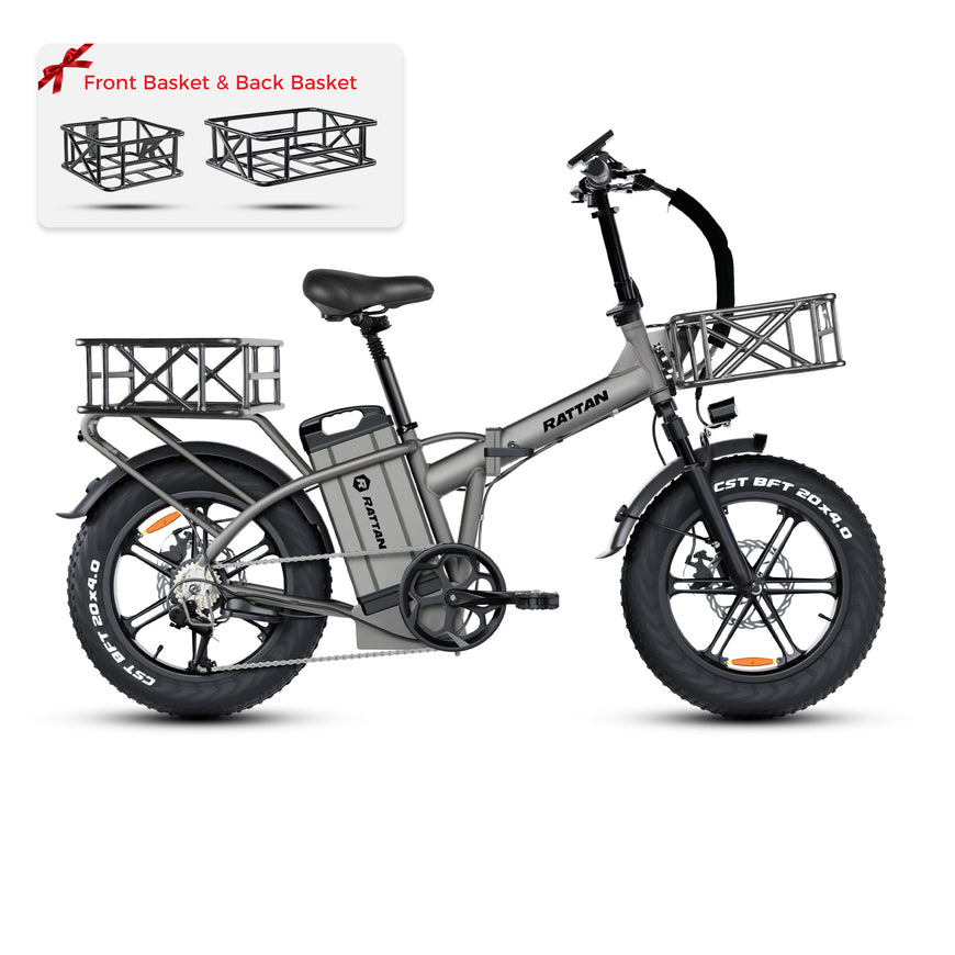 Gray electric bike with front and back baskets on a white background. Rattan LM Ultra Folding ebike