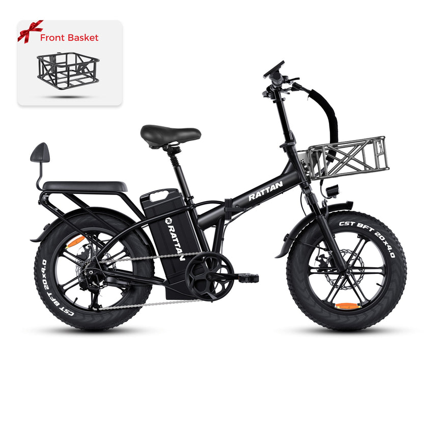 Black electric bike with front basket attachment on a white background. Rattan LM Ultra Folding ebike