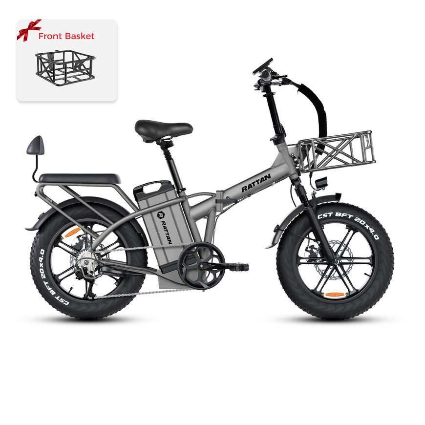Gray electric bike with front basket attachment on a white background. Rattan LM Ultra Folding ebike
