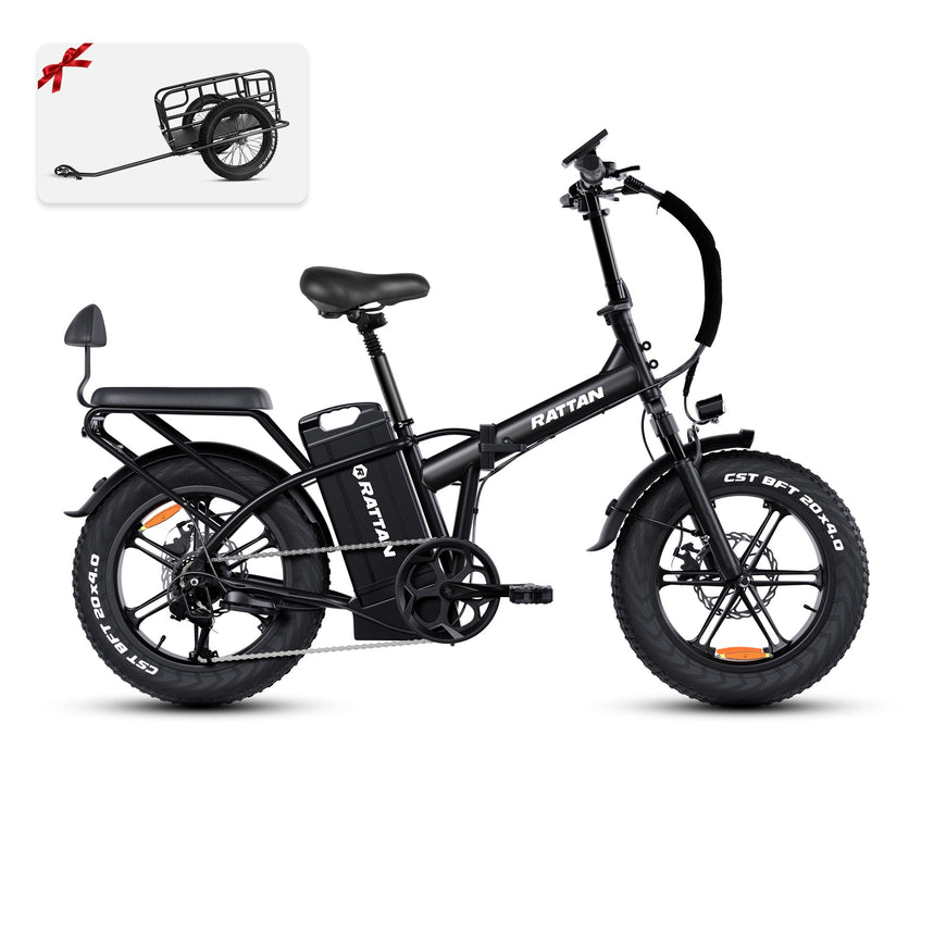 Black electric bike with a small trailer attachment on a white background. Rattan LM Ultra Folding ebike